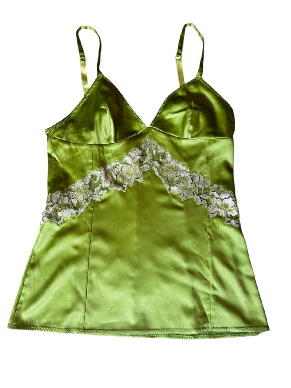 Dolce & Gabbana Lime Green Satin Cream Lace Camisole Top USA 34 XS-S